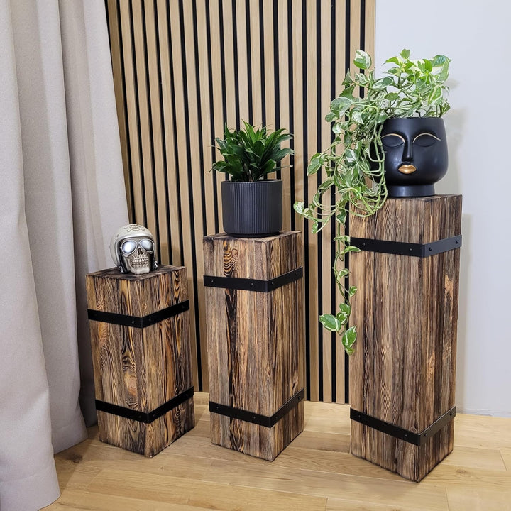 weeco Dekorative Holzsäule Set 3-tlg. – rustikale Sockel, Pflanzenständer und Dekosäulen, massives K