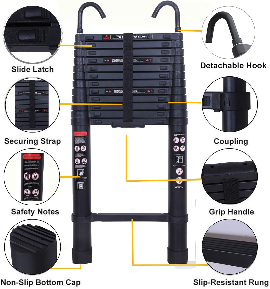 Robuste 5 m Lange Alu-Verlängerungsleiter mit abnehmbarem Haken, teleskopisch, 150kg, maximale Tragk