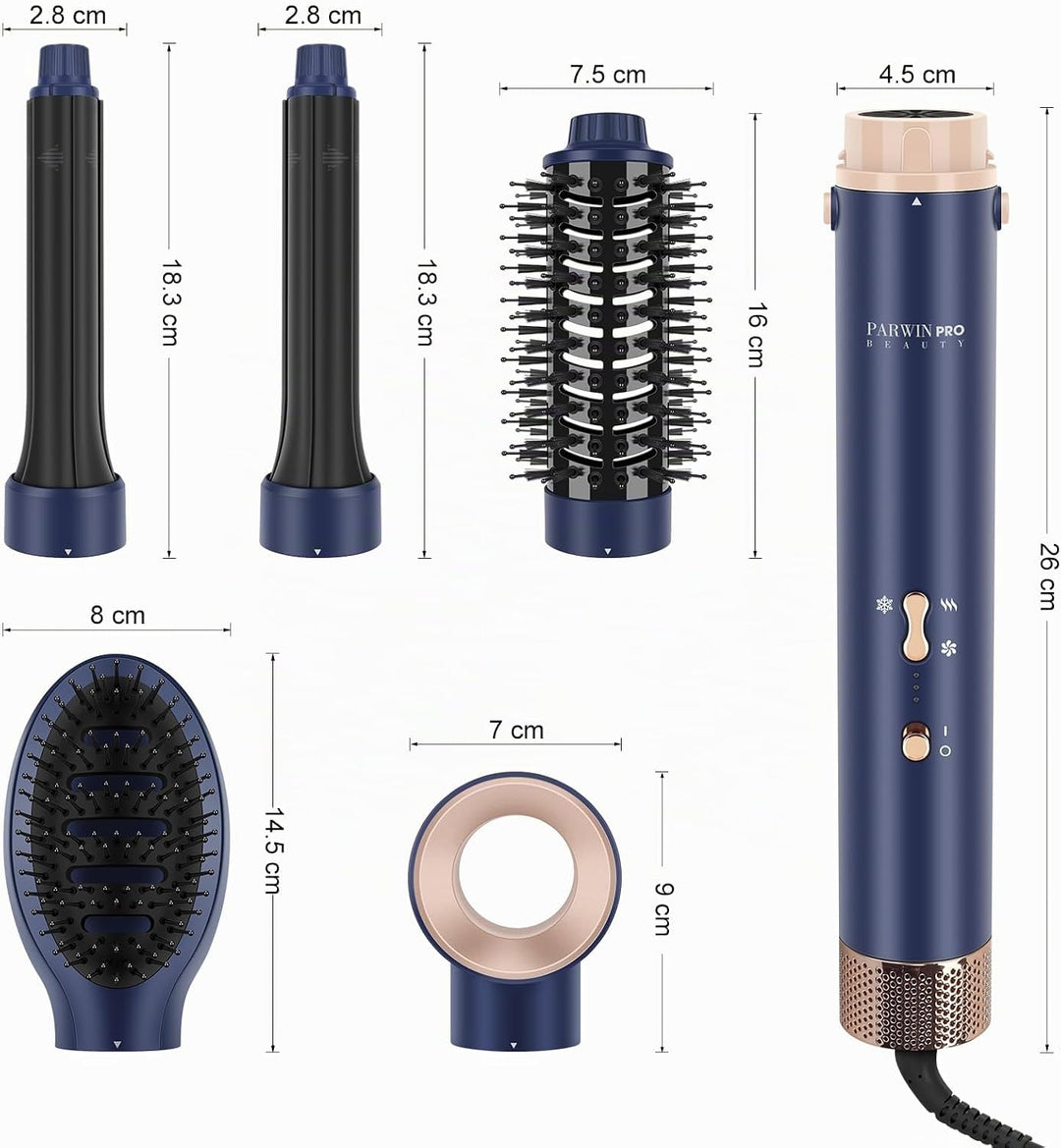 5-in-1 Airstyler &amp; Lockenstab, PARWIN PRO BEAUTY Ionen Föhn Stylingbürsten, 5 Aufsätze Rundbürstenfö