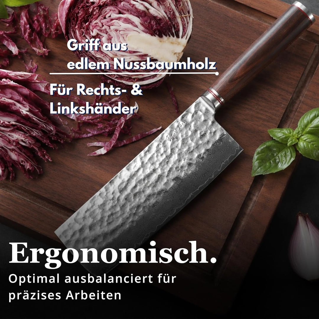 Wakoli Nussbaum Damastmesser Nakirimesser extrem scharfe 22,50 cm Klinge aus 67 Lagen I Damast Küche