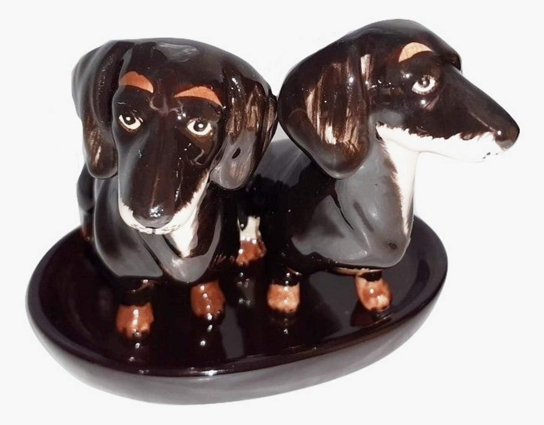 SYNYEY Dackel Salz und Pfefferstreuer Keramik Geschenk Frühstückstisch Set 3 teilig (SCHWARZ)