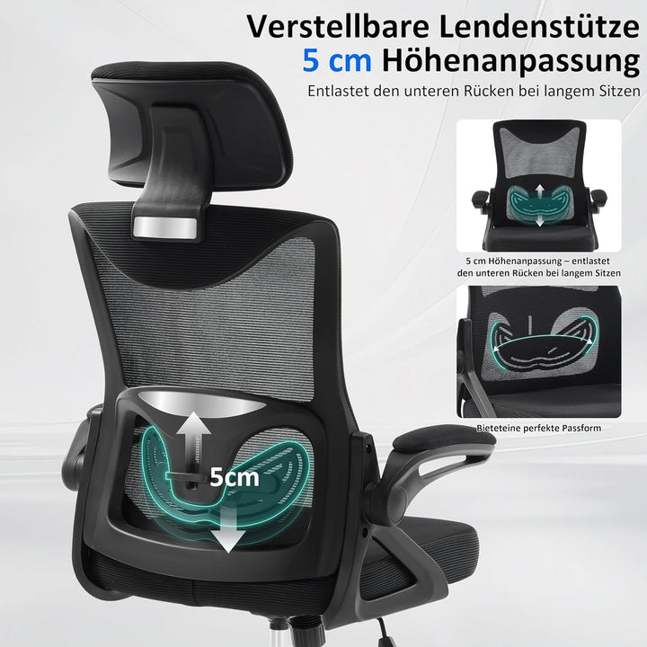 Fizzin Ergonomischer Gaming Bürostuhl Schwarz Schreibtischstuhl mit Verstellbarer Lendenstütze und K