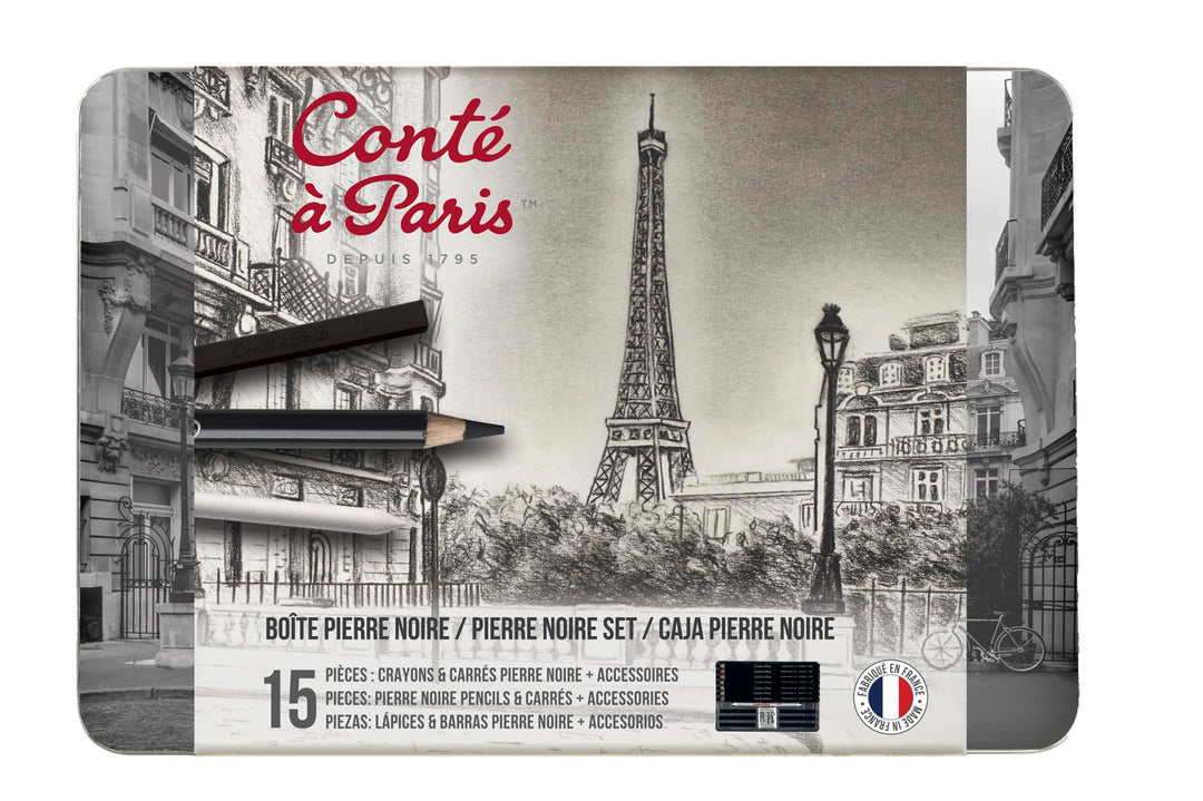 Conté à Paris 750410 Pierre Noire Set in Metallbox - 7 Pierre noir Kreidestifte & 6 Carré Kreiden in