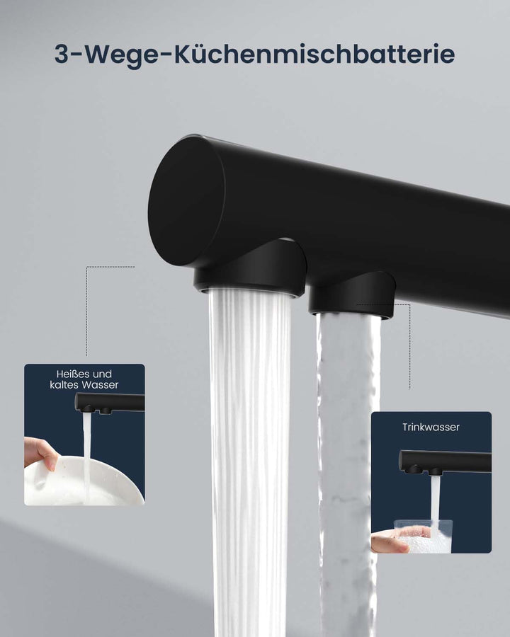 APPASO 3 Wege Wasserhahn Küche, Schwarz 3 in 1 Mischbatterie Küche für Wasserfilter, 360° Drehbar 3