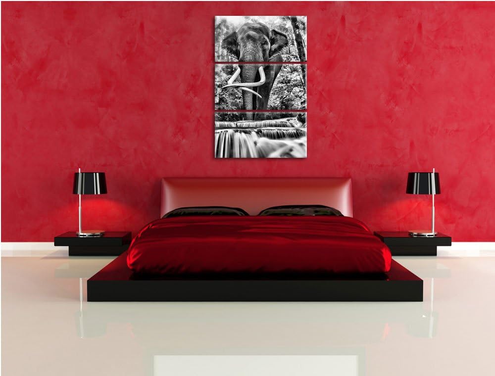 Pixxprint Elefant am Bach als Leinwandbild/Grösse: 3 Teilig (120x80) cm/Wandbild/Kunstdruck/fertig b