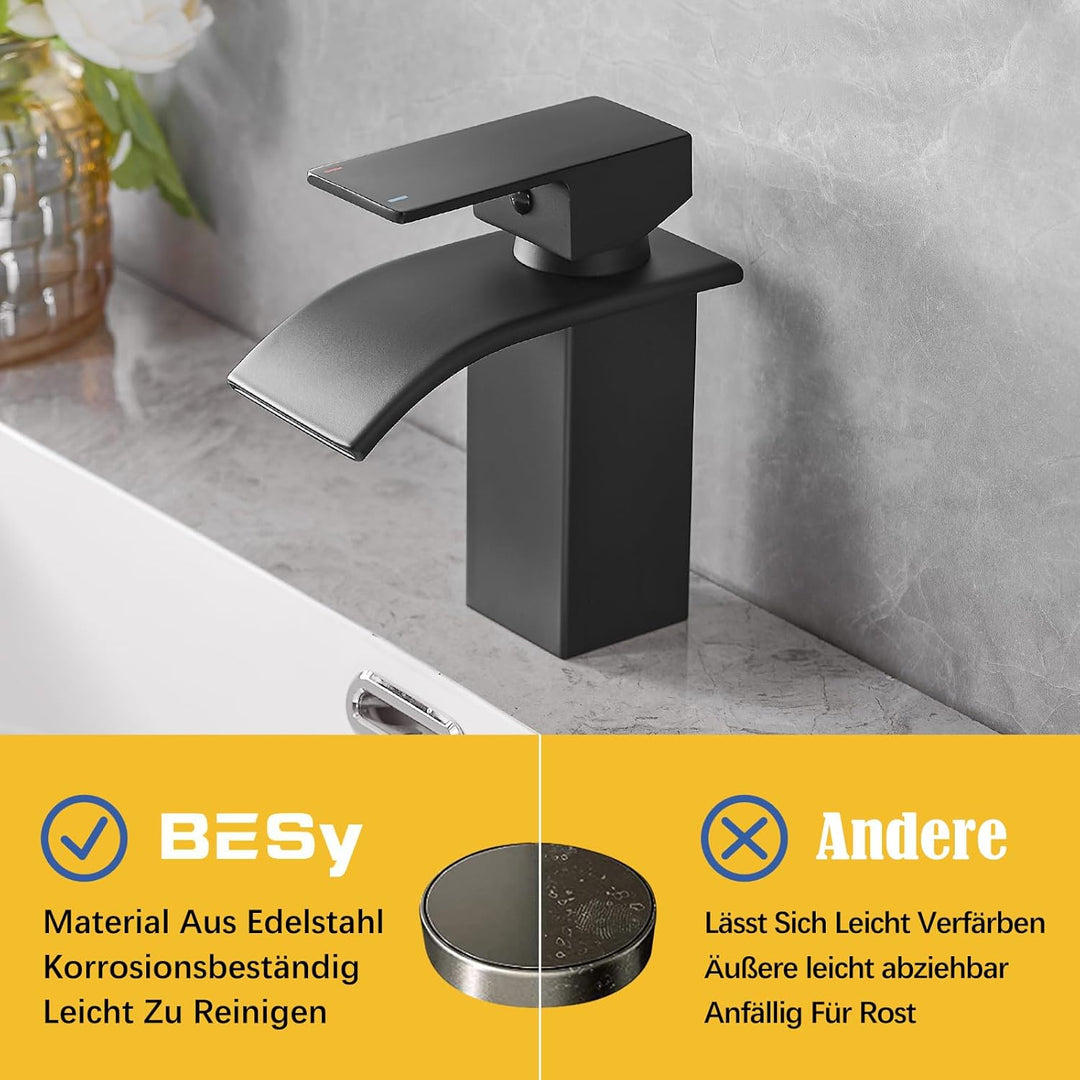 BESy Wasserfall Waschtischarmatur aus Edelstahl, Waschbecken Wasserhahn mit Auslauf Höhe 82mm, Einhe