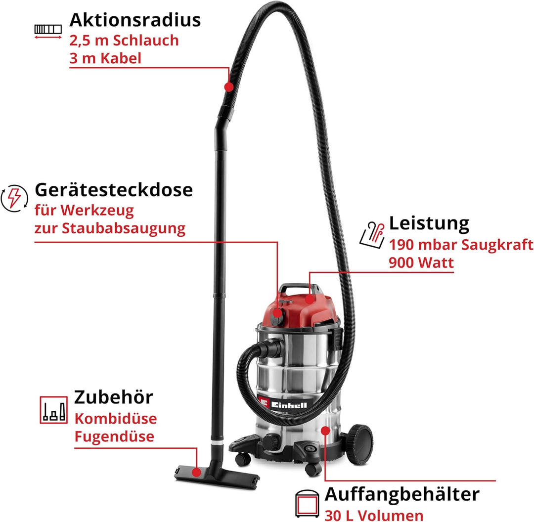 Einhell Nass-Trockensauger TC-VC 3055 SA (900 Watt, 190 mbar, Automatiksteckdose, 30 L Edelstahlbehä