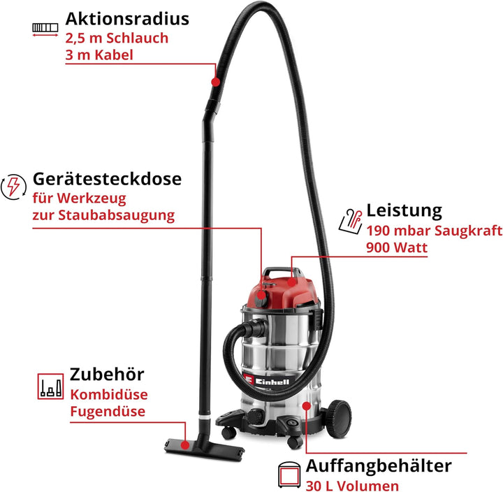 Einhell Nass-Trockensauger TC-VC 3055 SA (900 Watt, 190 mbar, Automatiksteckdose, 30 L Edelstahlbehä