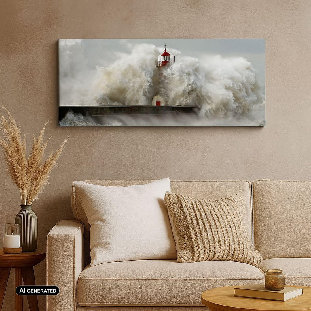 Wandbilder Dekoration Wohnzimmer Leuchtturm Ozean Sturm Panorama Bilder auf Leinwand 120x50cm Leinwa