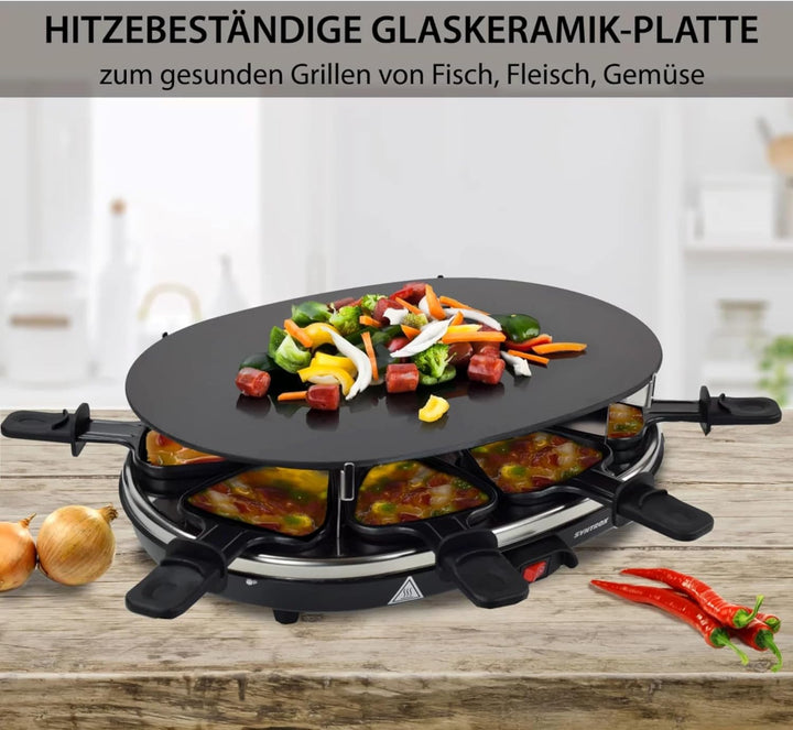 Syntrox Germany Raclette Grill für 8 Personen Emailliert Chural, Partyraclette mit Glas-Keramik Gril