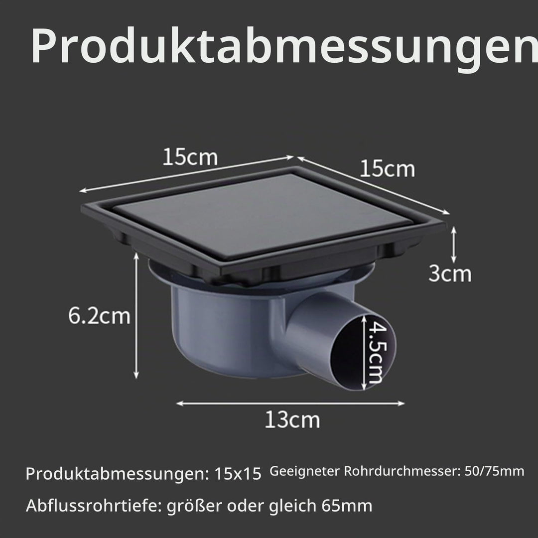 Duschrinne Quadratisch Edelstahl Bodenablauf,15x15 cm Schwarz Bodenablauf Dusche,Haarfilter 2 in1 Be