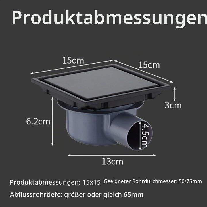 Duschrinne Quadratisch Edelstahl Bodenablauf,15x15 cm Schwarz Bodenablauf Dusche,Haarfilter 2 in1 Be