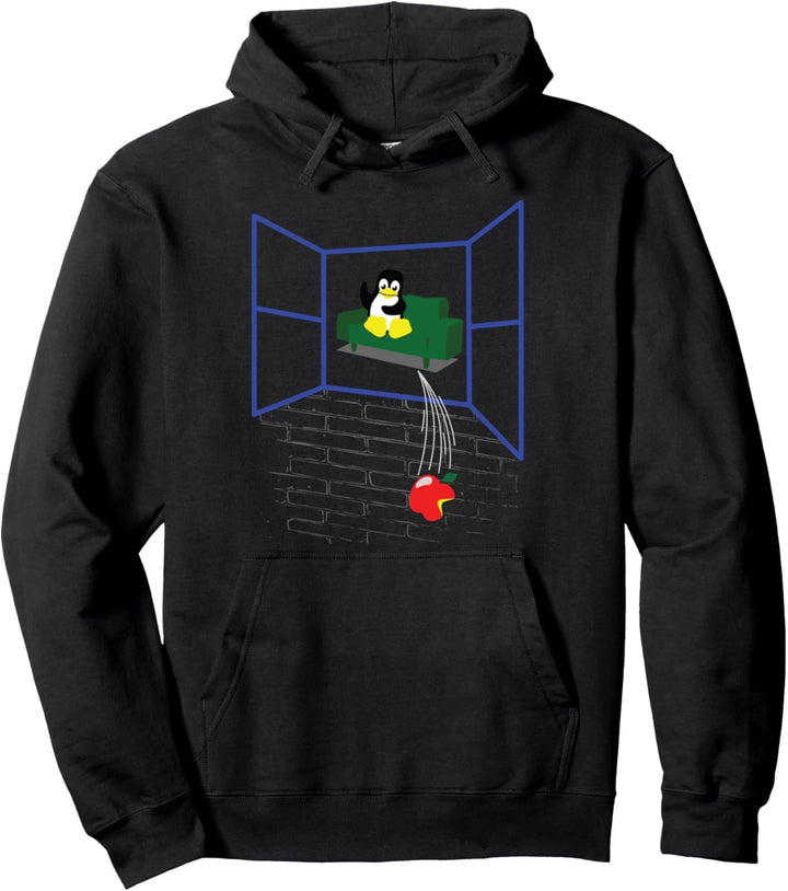 Linux Pinguin Wirft ein Apple aus dem Fenster Pullover Hoodie