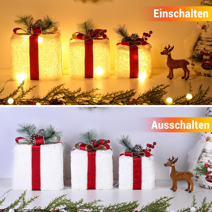ELKTRY LED Geschenkbox, Weihnachtsdeko mit 60 LED 3 Set aussen innen, Beleuchte Weihnachtenbox mit b
