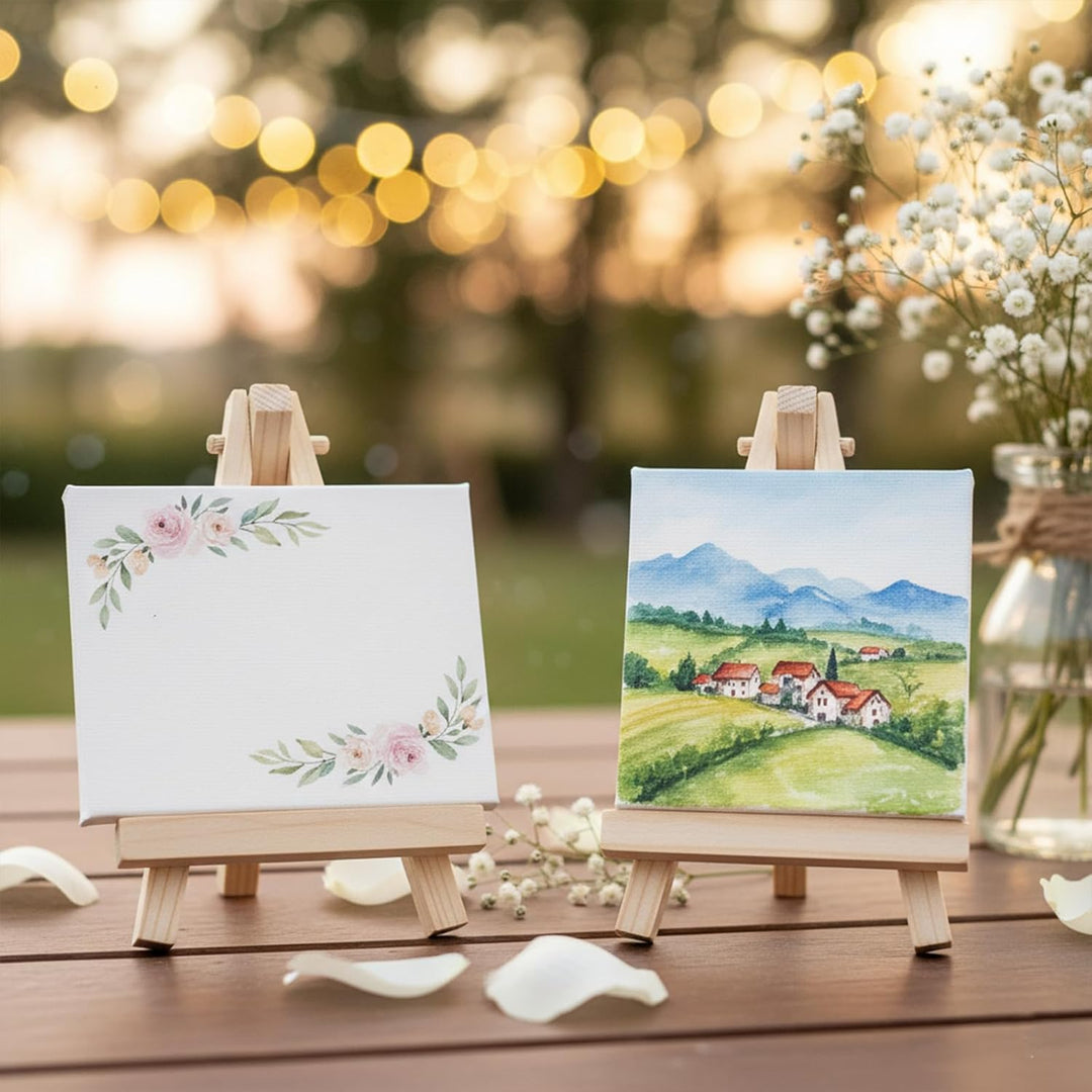 12x Mini Staffelei Naturholz 7x12.5cm klappbar mit 8x8cm Leinwand-Set - Handbemaltes Kinder-Malkreat