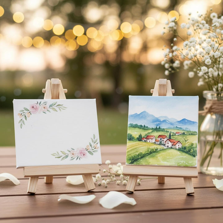 12x Mini Staffelei Naturholz 7x12.5cm klappbar mit 8x8cm Leinwand-Set - Handbemaltes Kinder-Malkreat