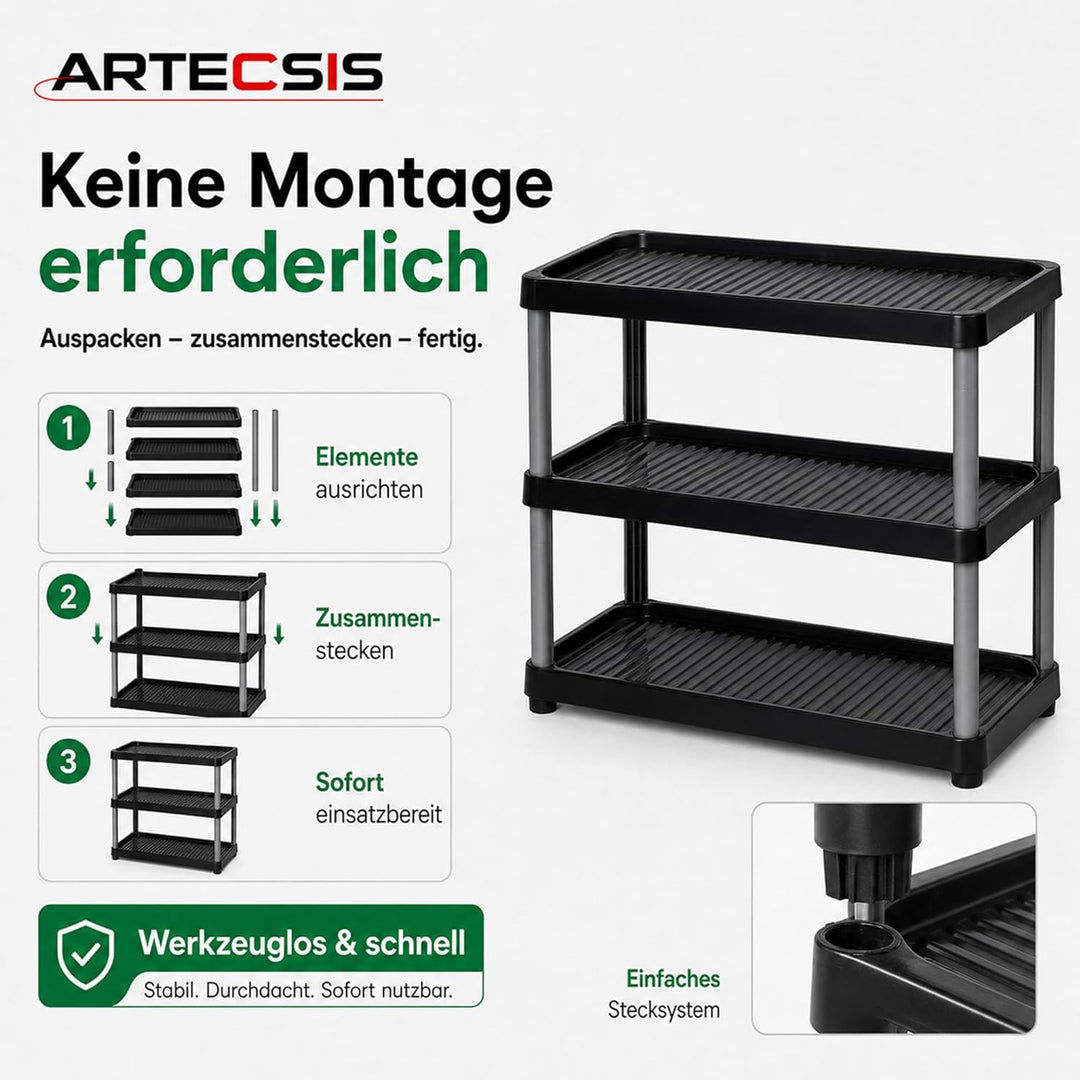 ARTECSIS Schuhregal schmal 3 Ebenen Schwarz I Schuhablage aus Kunststoff 49,5x34,5x43cm, 3 Ebenen