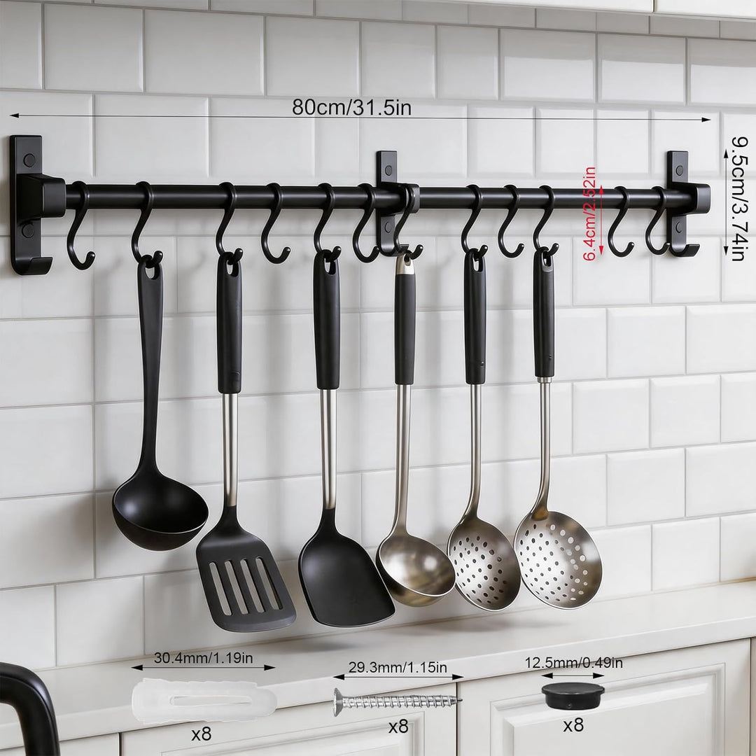 Hakenleiste Küche 80 cm, Aluminium Hängeleiste Küche, Stange für Küchenutensilien mit Beweglichen Ha
