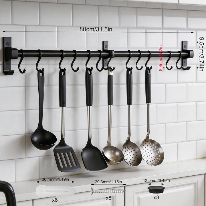 Hakenleiste Küche 80 cm, Aluminium Hängeleiste Küche, Stange für Küchenutensilien mit Beweglichen Ha