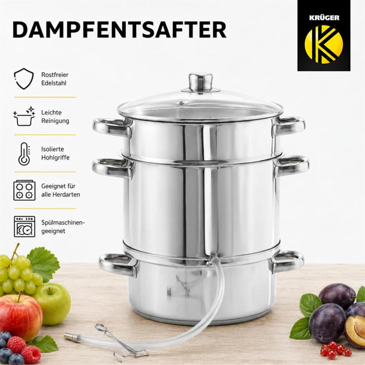 Krüger Edelstahl-Frucht-Entsafter 26cm - schonendes Entsaften von Obst und Gemüse - nach Dampfentsaf