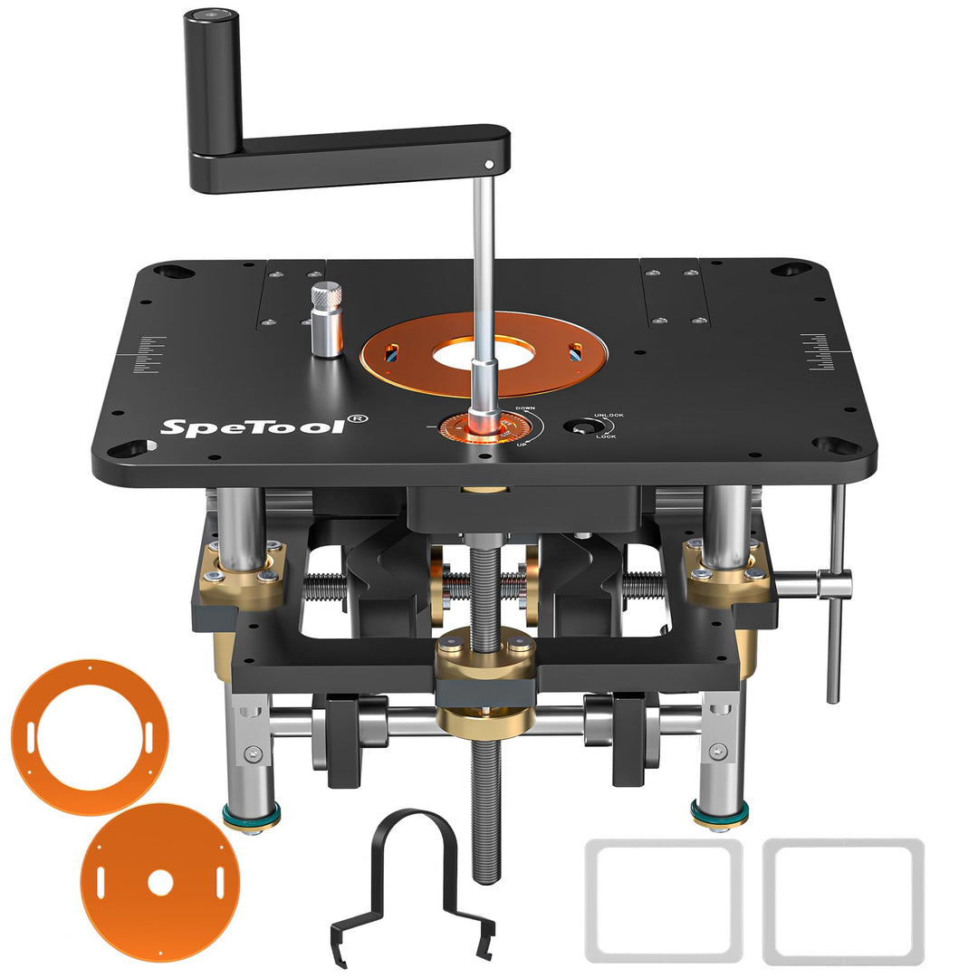 SpeTool Fräslift für Oberfräsen mit 65mm-107mm Durchmesser, oberfräsenlift aus Aluminium mit DIY-Sch