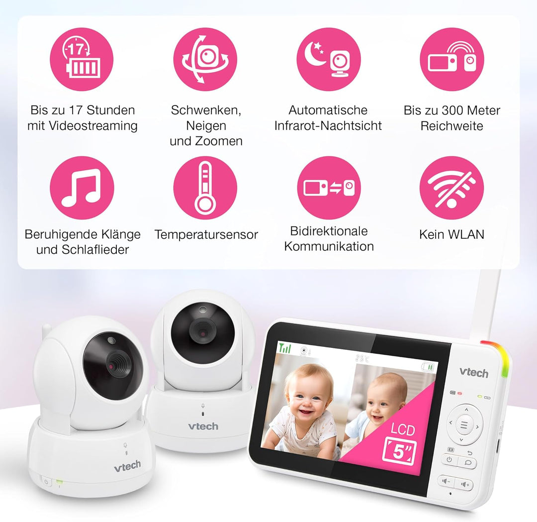 VTech VM924-2 Video-Babyphone mit 5-Zoll-LCD-Farbbildschirm und 2 Kameras, bis zu 17 h Video- und 31