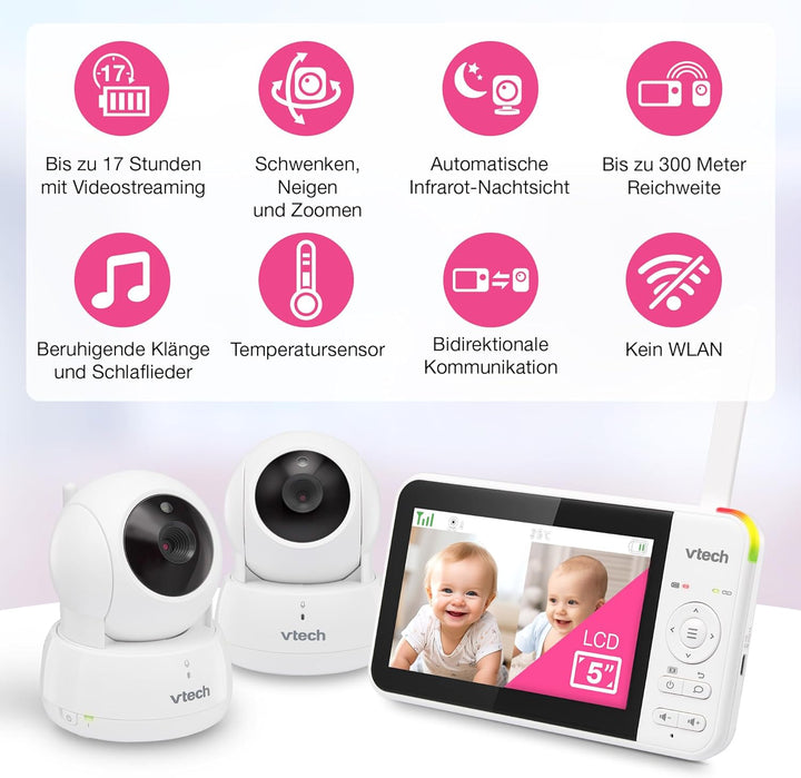 VTech VM924-2 Video-Babyphone mit 5-Zoll-LCD-Farbbildschirm und 2 Kameras, bis zu 17 h Video- und 31