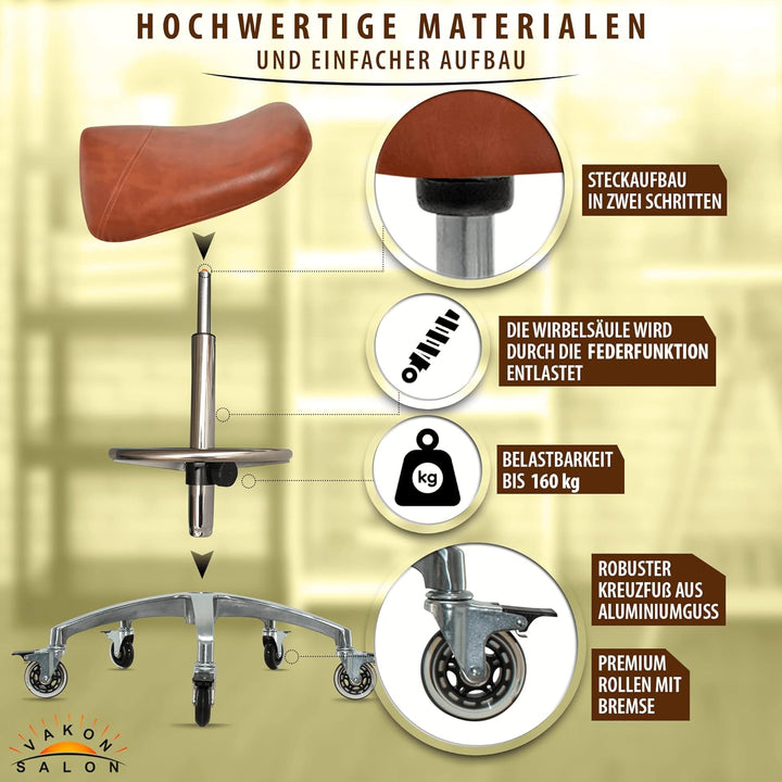 Premium Sattelhocker Hellbraun mit Bremse, Sattelstuhl für Rückenentlastung, Rollhocker höhenverstel