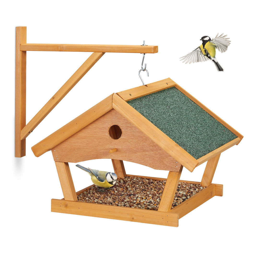 Relaxdays Vogelfutterhaus Holz, zum Aufhängen, HBT: 35x42,5x40,5 cm, Garten, Vogelfutterspender für