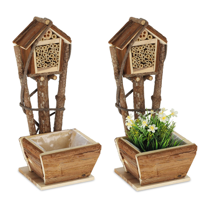 Relaxdays Bienenhotel mit Blumentopf, 2er Set, kleines Insektenhotel, Garten & Balkon, Nisthilfe für