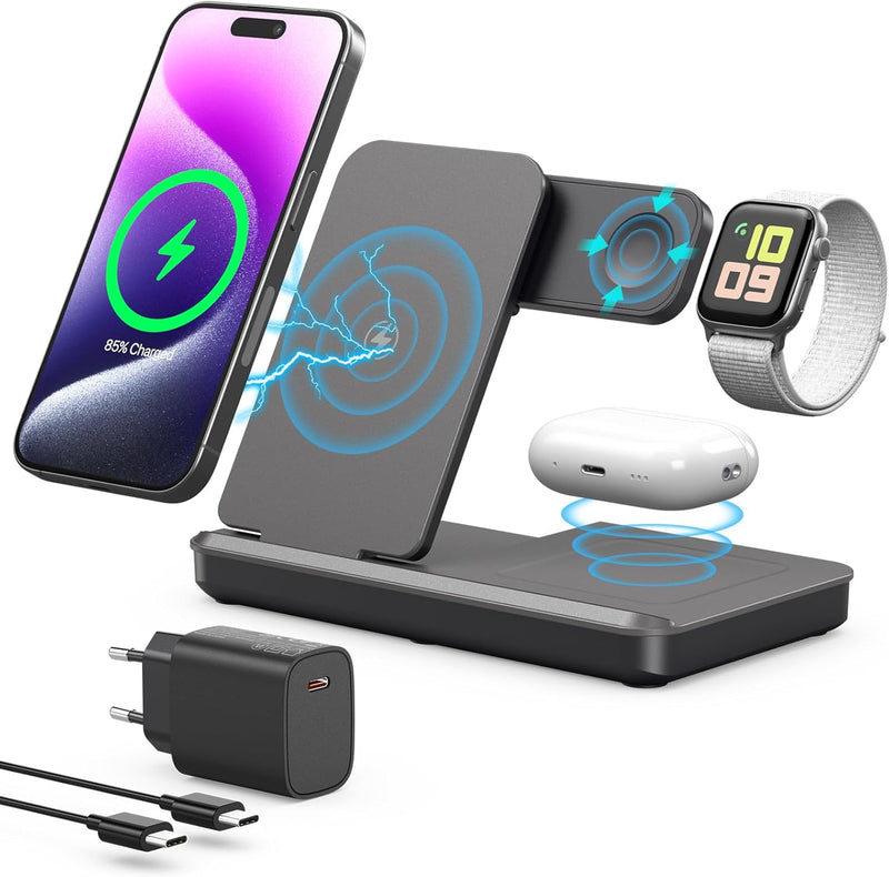 Induktive Ladestation für Apple Watch und iPhone, Kabelloses Ladegerät 3 in 1 Wireless Charger Kompa