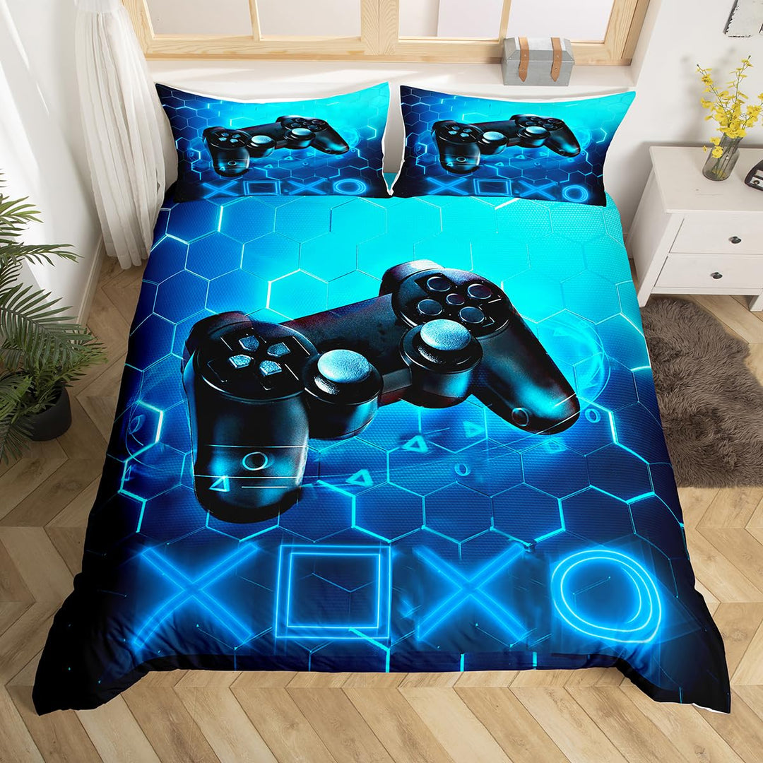 Homemissing Gaming Bettbezug für Kinder, Gamer, Blau, Videospiel, Bettwäsche, 200x200 cm, Spielekons