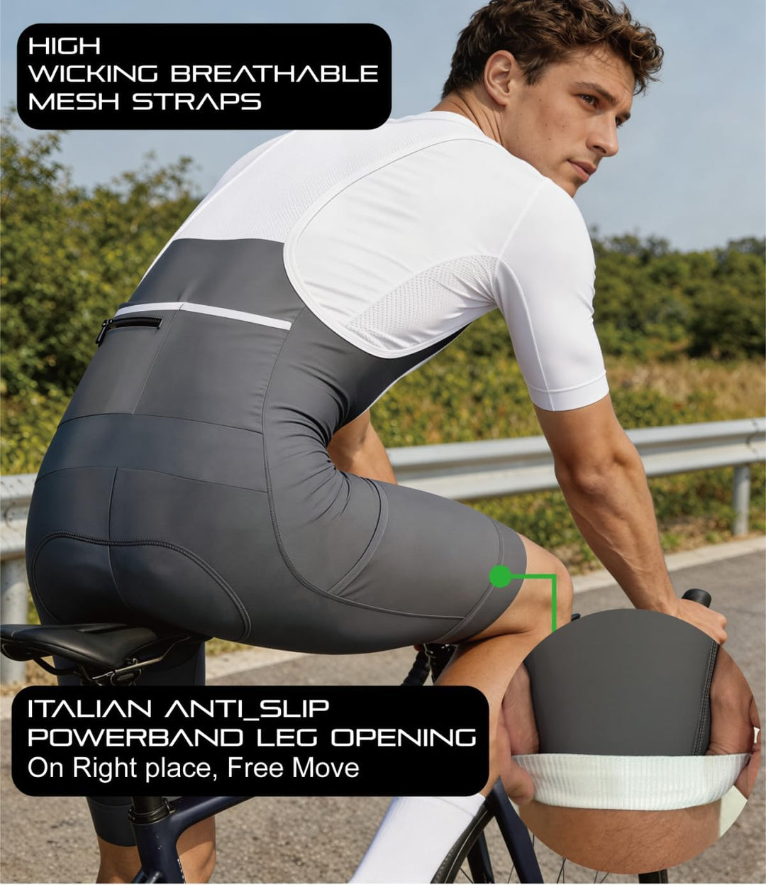 CEROTIPOLAR Radhosen für Herren, Lange Polsterung, Fahrrad-Bib-Shorts UPF50+ M Gray, M Gray