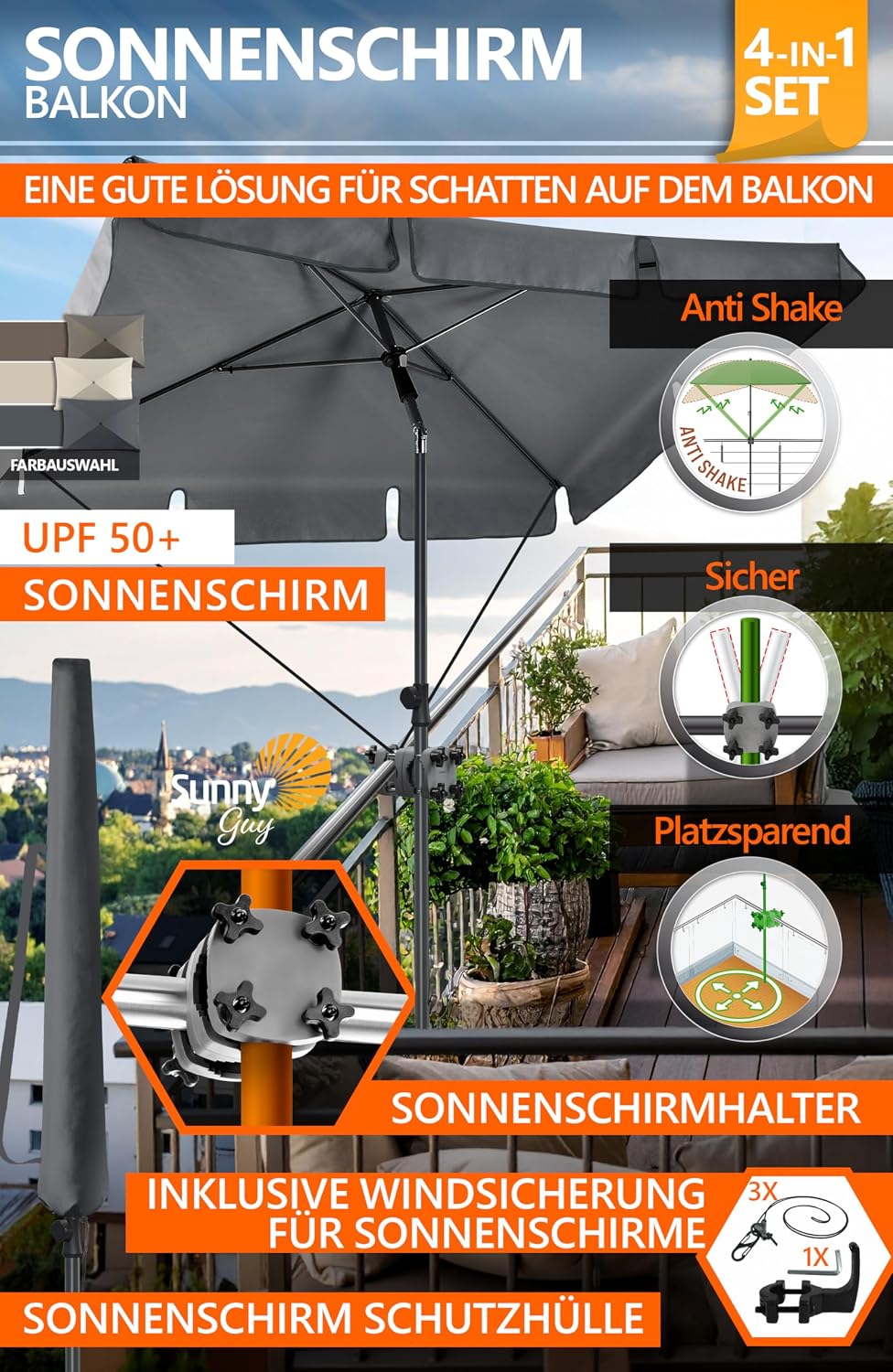 4smile Sonnenschirm Balkon SunnyShade, Anthrazit - 4-in-1 SET Sonnenschutz Balkon - UPF 50+ Sonnensc