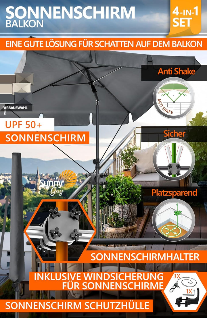 4smile Sonnenschirm Balkon SunnyShade, Anthrazit - 4-in-1 SET Sonnenschutz Balkon - UPF 50+ Sonnensc