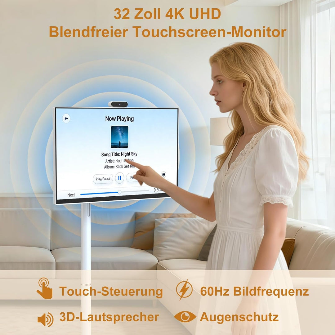 32 Zoll 4K Smart Portable TV | Touchscreen-Monitor auf Rädern | EDLA-Zertifiziert & Android 14 | 8+1