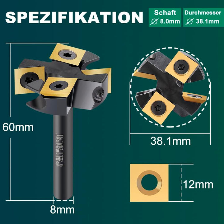 BALUGAEA Planfräser 8mm Schaft Durchmesser 38,1 mm Hobelfräser Holz Abflachfräser mit TiN-besch Hart