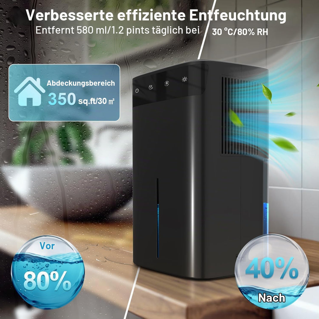 Luftentfeuchter -Black Elektrisch 2,6L, Leiser Raumentfeuchter für Keller, Bad &amp; Schlafzimmer bis 32