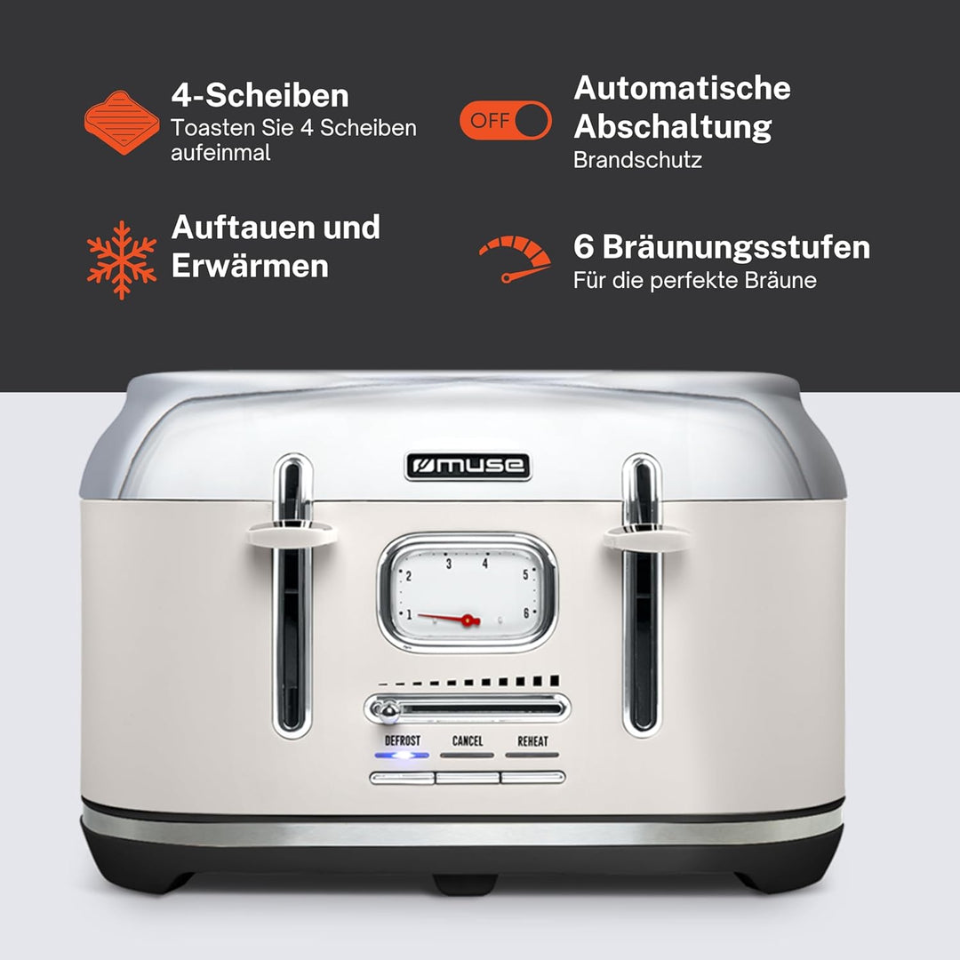 Muse Edelstahl-Toaster im weissen Retro Design, analoge Anzeige, beleuchtete Tasten, 6 Bräunungsstuf