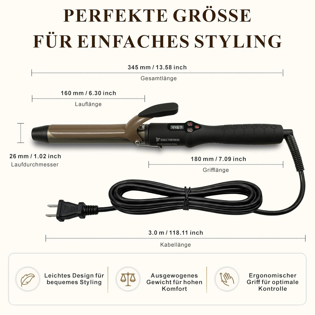 Professioneller Lockenstab mit LCD-Display, 30 Sek. Schnellaufheizung, 60°C–230°C, Keramik-Aluminium