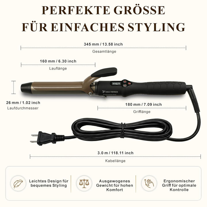 Professioneller Lockenstab mit LCD-Display, 30 Sek. Schnellaufheizung, 60°C–230°C, Keramik-Aluminium