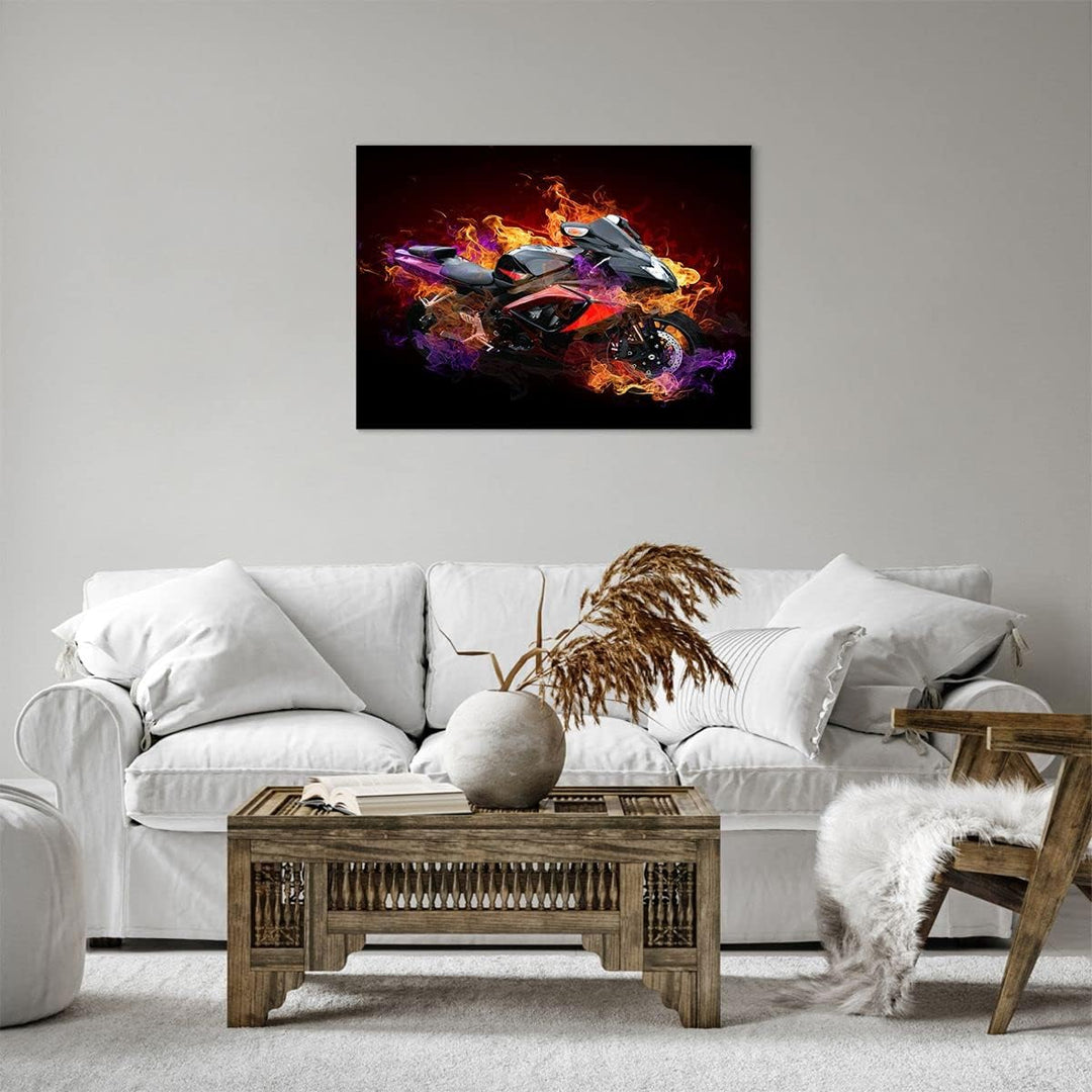 Bilder auf Leinwand Motorrad Feuer Abstraktion Leinwandbild 70x50cm Wandbilder Dekoration Wohnzimmer