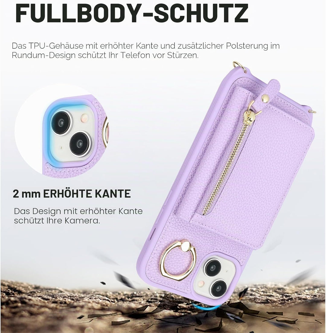 ELTEKER Handyhülle für iPhone 14 Hülle mit Band Kartenfach Ringhalterung Geldbörse,Leder Klapphülle