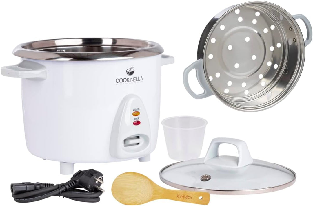 KeMar Kitchenware KRC-200 Reiskocher Edelstahltopf (1,4L, 500W, Weiss) | Glasdeckel | Bambuslöffel,