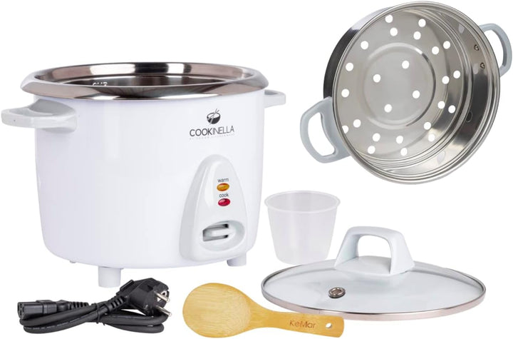 KeMar Kitchenware KRC-200 Reiskocher Edelstahltopf (1,4L, 500W, Weiss) | Glasdeckel | Bambuslöffel,