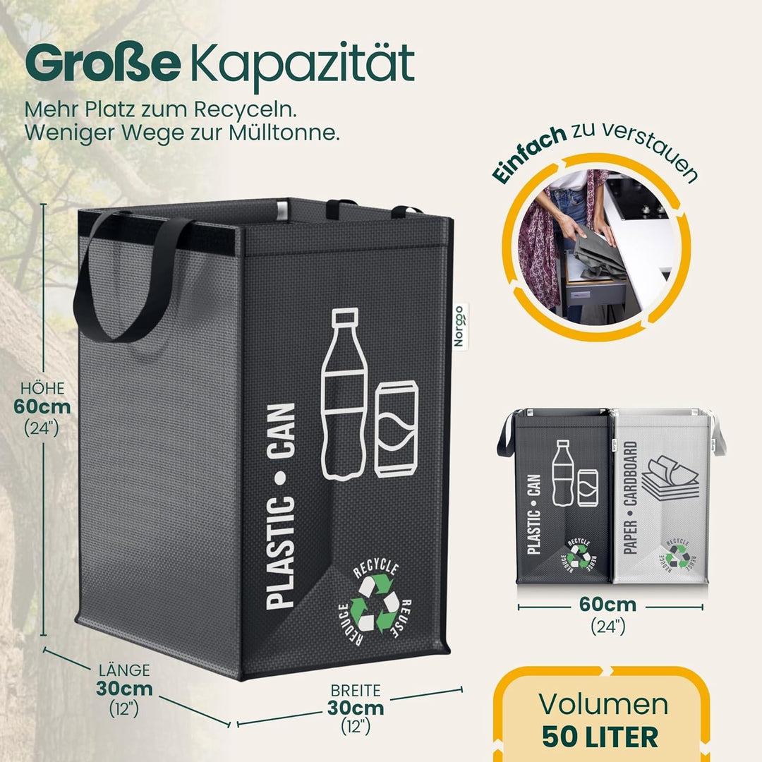 Mülltrennsystem 2fach – Set aus 2 Mülltrennsysteme für Plastik und Papier – Recycling Behälter 50L m
