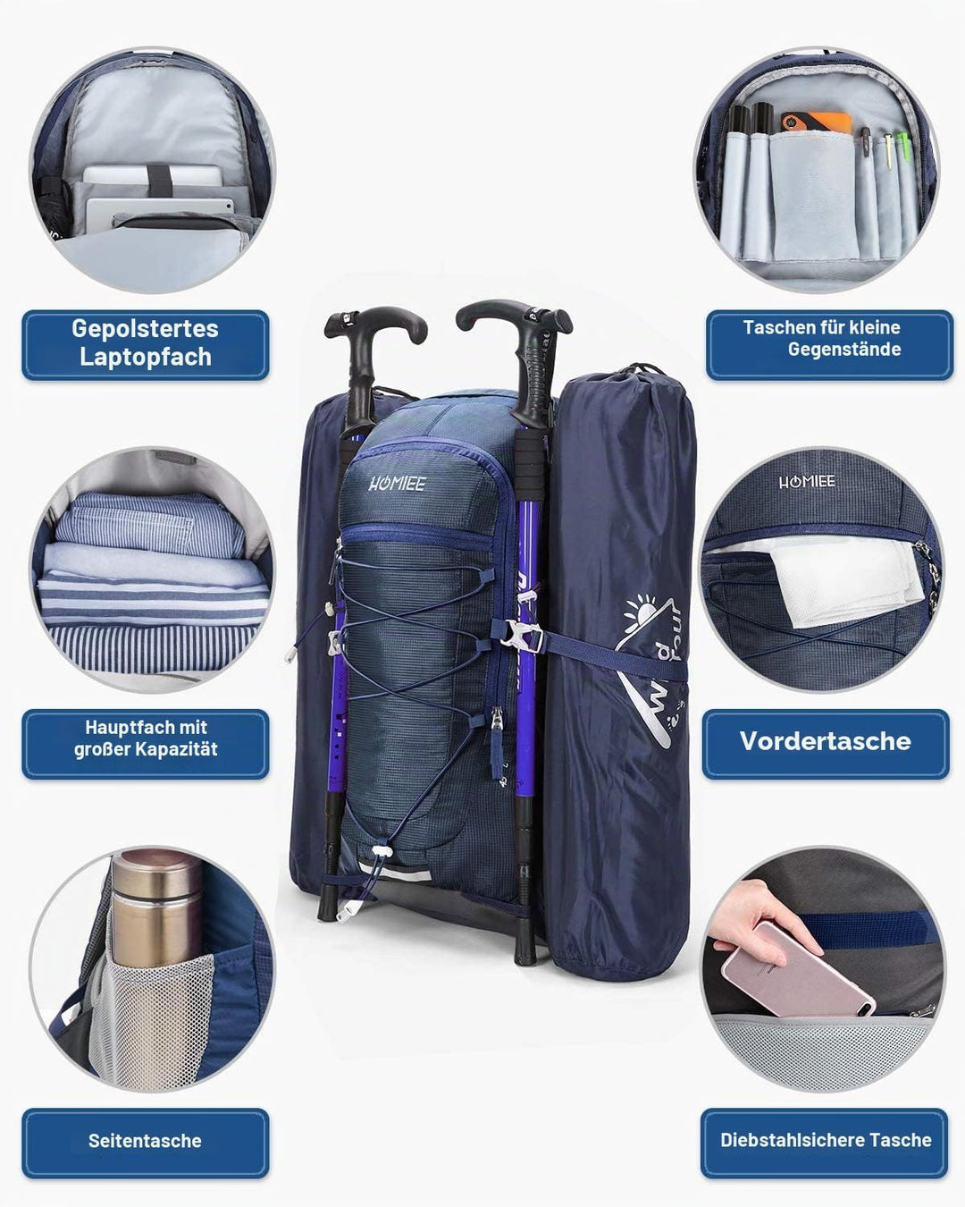 HOMIEE Wanderrucksack 45L, Herren Damen Wasserdichter Rucksack Trekkingrucksack Reiserucksack, Outdo