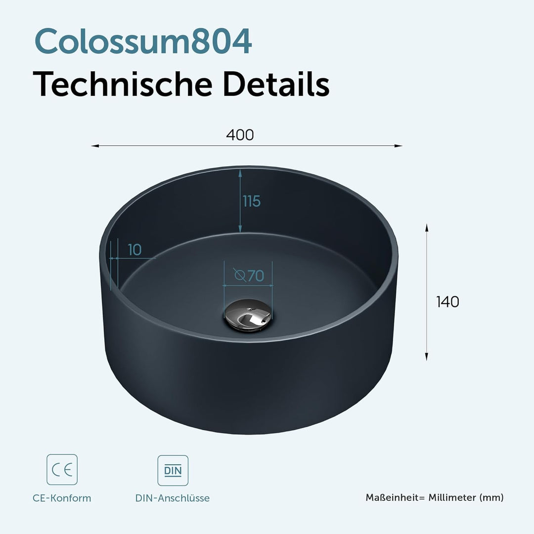 doporro Aufsatzwaschbecken rund Colossum804 matt Anthrazit Ø 40 cm Mineralguss Waschbecken ohne Arma