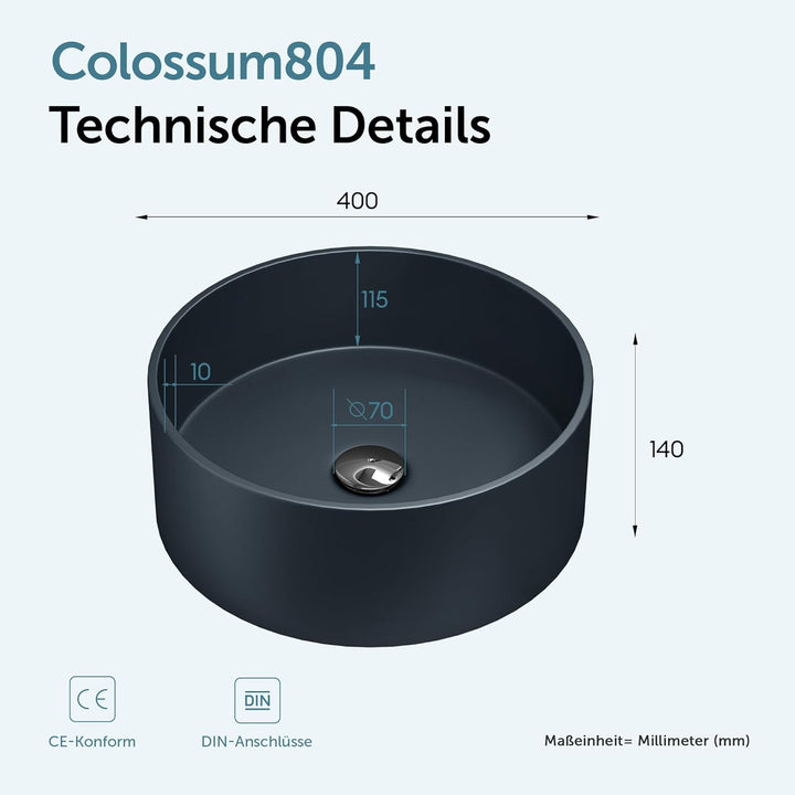 doporro Aufsatzwaschbecken rund Colossum804 matt Anthrazit Ø 40 cm Mineralguss Waschbecken ohne Arma