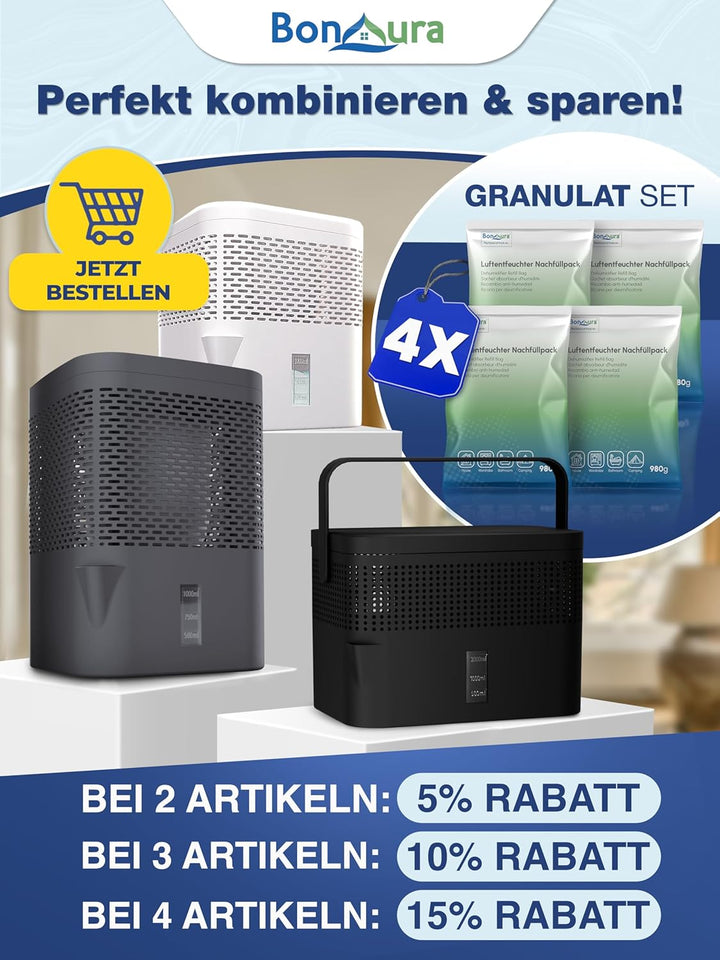 BonAura® AirOne Max Luftentfeuchter ohne Strom bis 33m² I 360° Belüftung I Raumentfeuchter mit Ausgi